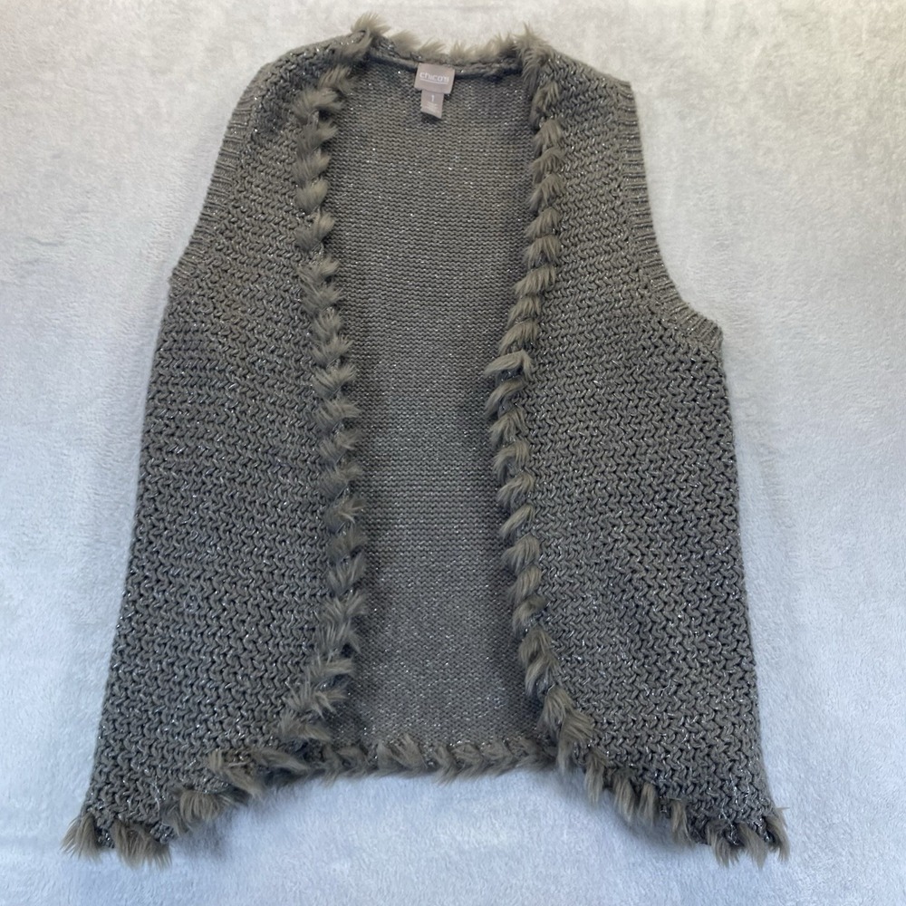 Womens Chicos 1‎ Y2K Open Front Sweater Vest Faux Fur Collar Trim Taupe Western
